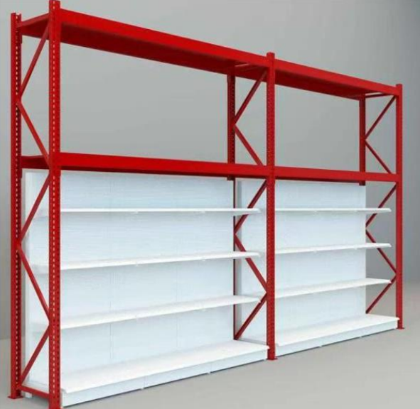 Medium duty storage rack red frame white shelves